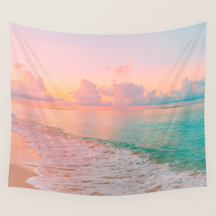 Beautiful: Aqua, Turquoise, Pink, Sunset Relaxing, Peaceful, Coastal Seashore Wall Tapestry Gallery Image 1