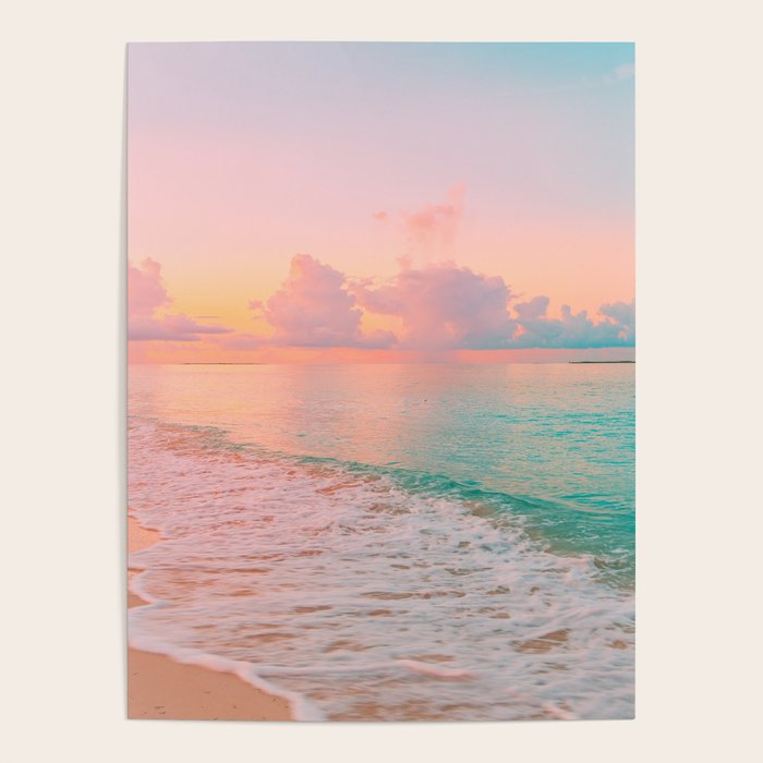 Beautiful: Aqua, Turquoise, Pink, Sunset Relaxing, Peaceful, Coastal Seashore Poster Gallery Image 1