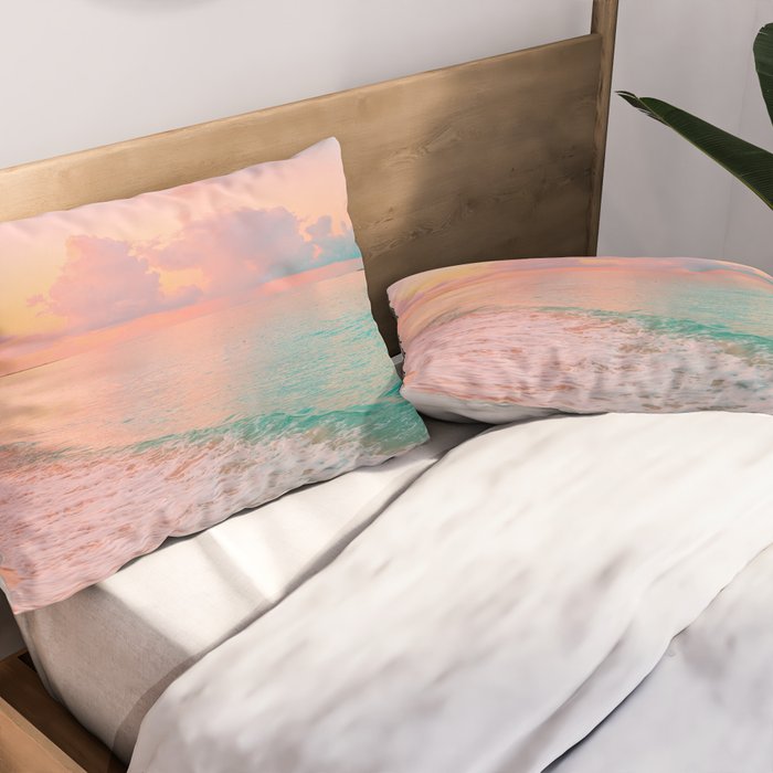 Beautiful: Aqua, Turquoise, Pink, Sunset Relaxing, Peaceful, Coastal Seashore Pillow Sham Gallery Image 2