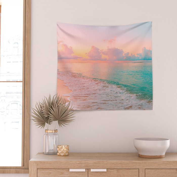Beautiful: Aqua, Turquoise, Pink, Sunset Relaxing, Peaceful, Coastal Seashore Wall Tapestry Gallery Image 2