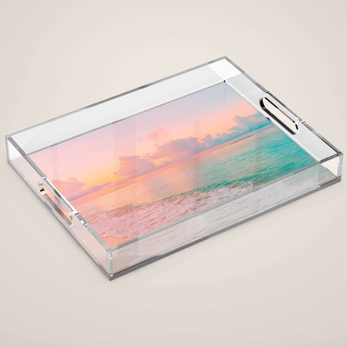 Beautiful: Aqua, Turquoise, Pink, Sunset Relaxing, Peaceful, Coastal Seashore Acrylic Tray Gallery Image 1