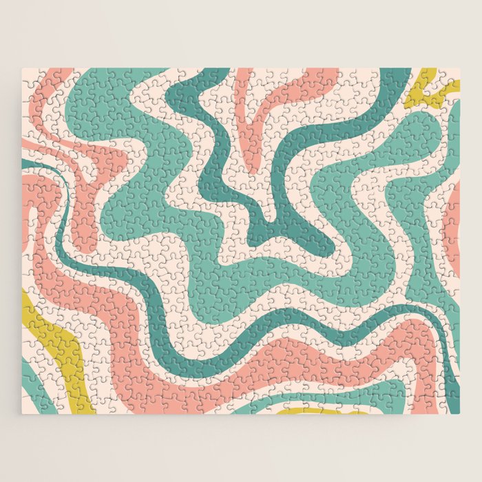 Retro Liquid Swirl Abstract Pattern Teal Blush Pink Mustard 5 Jigsaw Puzzle Gallery Image 1