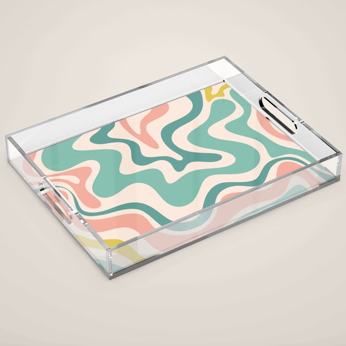 Retro Liquid Swirl Abstract Pattern Teal Blush Pink Mustard 5 Acrylic Tray Gallery Image 1