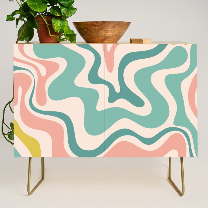 Retro Liquid Swirl Abstract Pattern Teal Blush Pink Mustard 5 Credenza Gallery Image 1