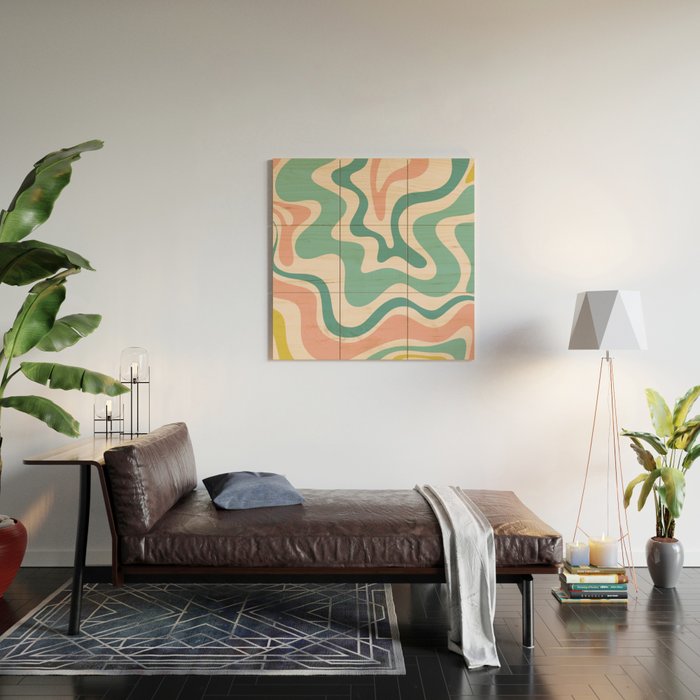 Retro Liquid Swirl Abstract Pattern Teal Blush Pink Mustard 5 Wood Wall Art Gallery Image 2