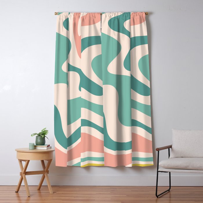 Retro Liquid Swirl Abstract Pattern Teal Blush Pink Mustard 5 Window Curtain Gallery Image 5