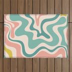 Retro Liquid Swirl Abstract Pattern Teal Blush Pink Mustard 5 Outdoor Rug Gallery Image 1