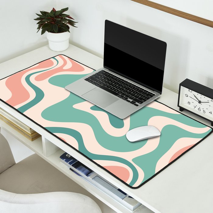 Retro Liquid Swirl Abstract Pattern Teal Blush Pink Mustard 5 Desk Mat Gallery Image 2