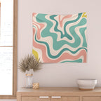 Retro Liquid Swirl Abstract Pattern Teal Blush Pink Mustard 5 Wall Tapestry Gallery Image 2