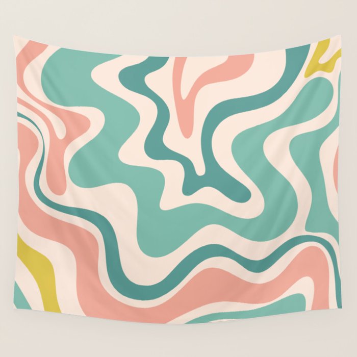 Retro Liquid Swirl Abstract Pattern Teal Blush Pink Mustard 5 Wall Tapestry Gallery Image 1