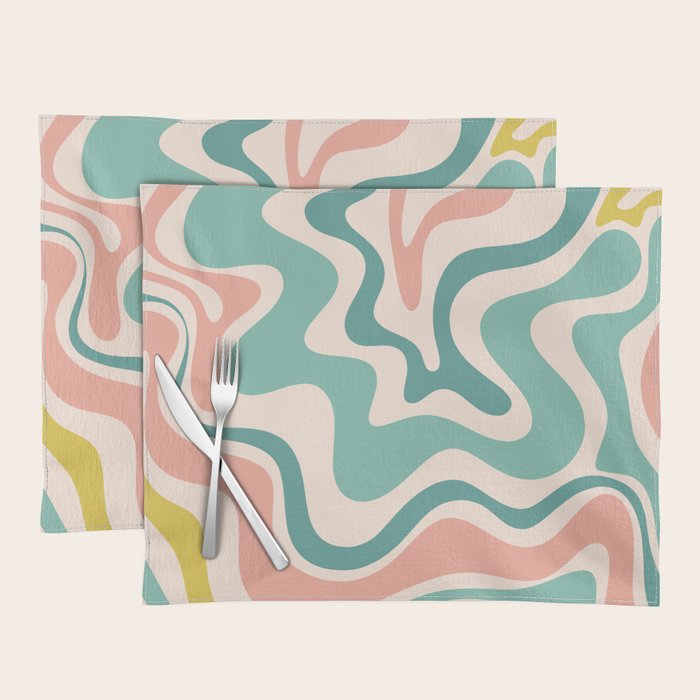Retro Liquid Swirl Abstract Pattern Teal Blush Pink Mustard 5 Placemat Gallery Image 1