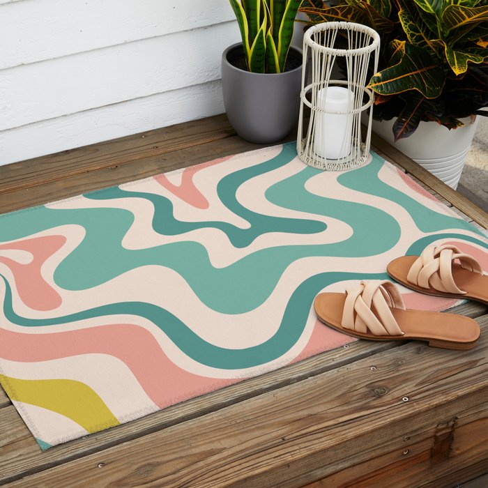 Retro Liquid Swirl Abstract Pattern Teal Blush Pink Mustard 5 Outdoor Rug Gallery Image 2