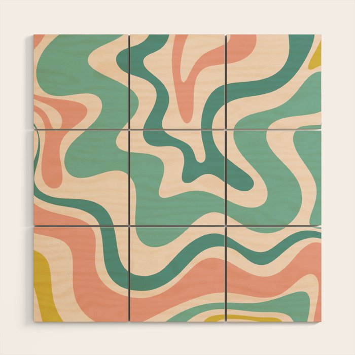 Retro Liquid Swirl Abstract Pattern Teal Blush Pink Mustard 5 Wood Wall Art Gallery Image 1