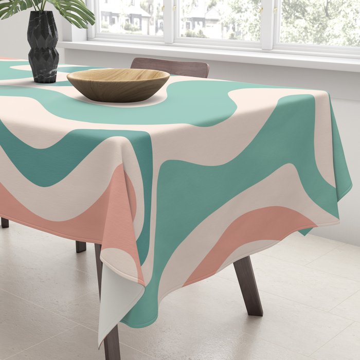 Retro Liquid Swirl Abstract Pattern Teal Blush Pink Mustard 5 Tablecloth Gallery Image 3