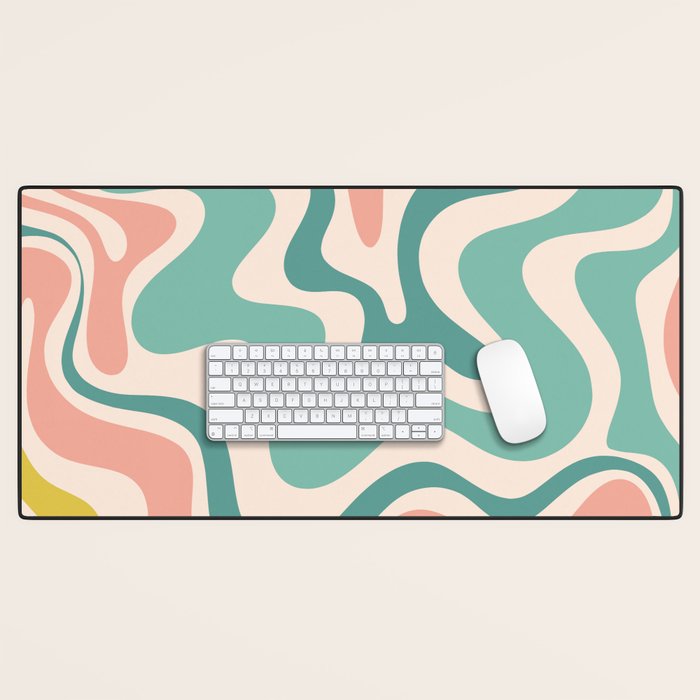 Retro Liquid Swirl Abstract Pattern Teal Blush Pink Mustard 5 Desk Mat Gallery Image 1