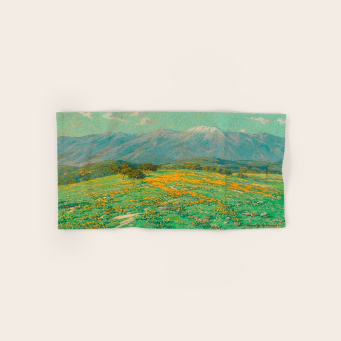 Granville Redmond snow cap spring landscape painting orange flowers green field Towels Gallery Image 1