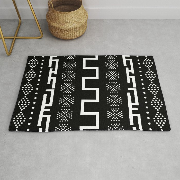 Abstract Black and White African Mud Cloth Design Rug Gallery Image 1
