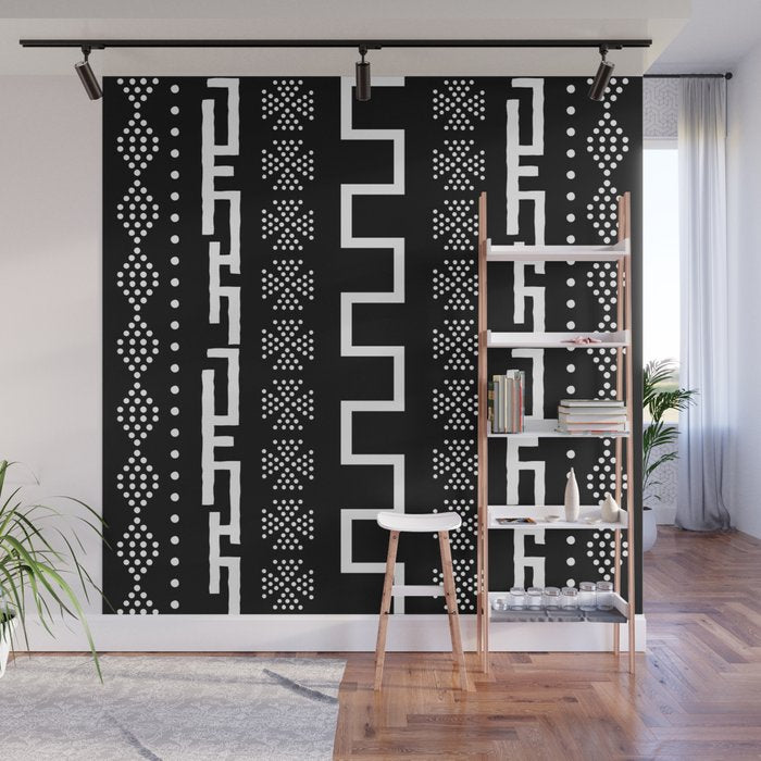 Abstract Black and White African Mud Cloth Design Wall Mural Gallery Image 1