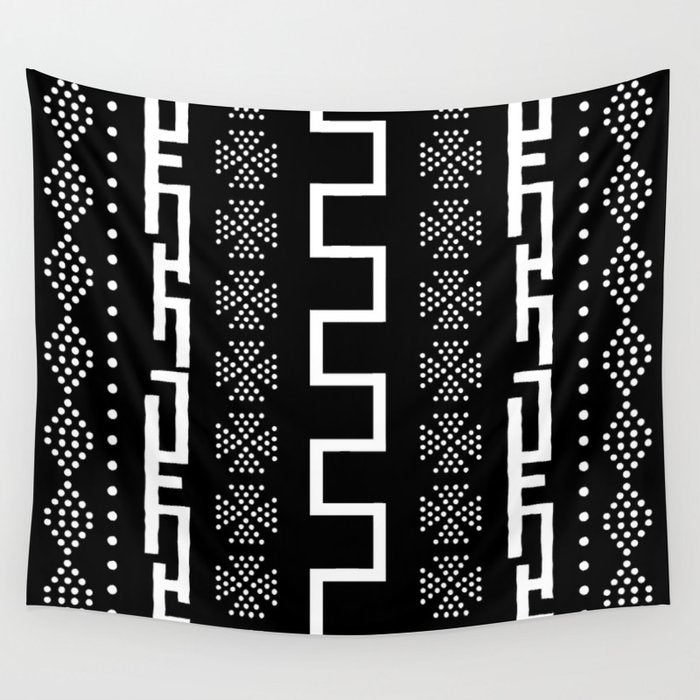 Abstract Black and White African Mud Cloth Design Wall Tapestry Gallery Image 1