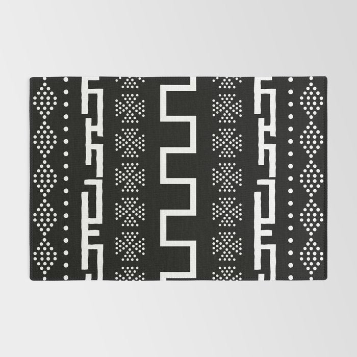 Abstract Black and White African Mud Cloth Design Rug Gallery Image 2