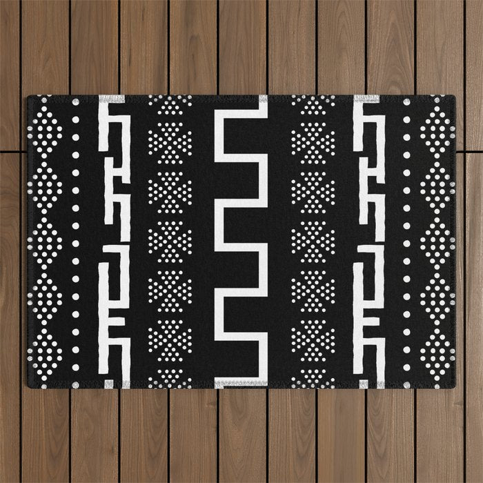 Abstract Black and White African Mud Cloth Design Outdoor Rug Gallery Image 1