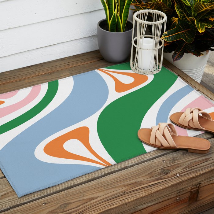 Retro Abstract New Groove Trippy Boho Pattern Green Baby Blue Orange Pink White Outdoor Rug Gallery Image 2