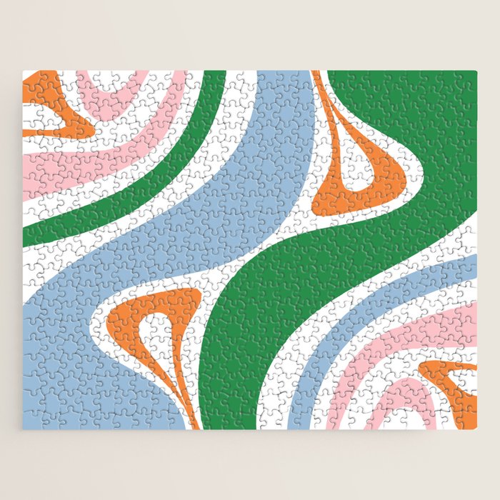 Retro Abstract New Groove Trippy Boho Pattern Green Baby Blue Orange Pink White Jigsaw Puzzle Gallery Image 1
