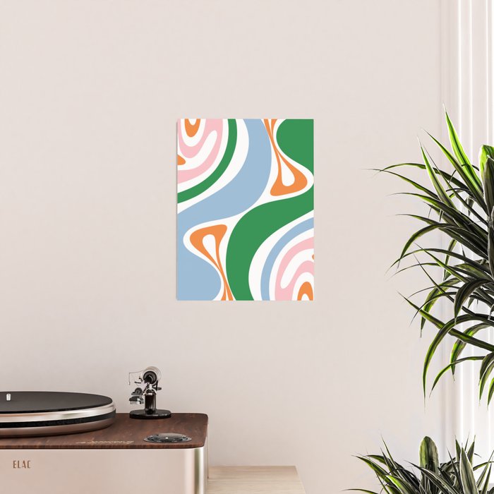 Retro Abstract New Groove Trippy Boho Pattern Green Baby Blue Orange Pink White Poster Gallery Image 2