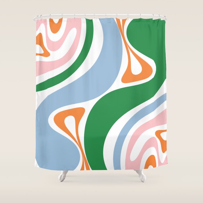 Retro Abstract New Groove Trippy Boho Pattern Green Baby Blue Orange Pink White Shower Curtain Gallery Image 1