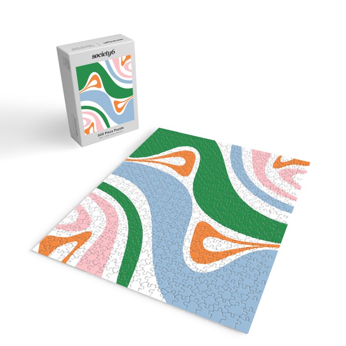Retro Abstract New Groove Trippy Boho Pattern Green Baby Blue Orange Pink White Jigsaw Puzzle Gallery Image 2