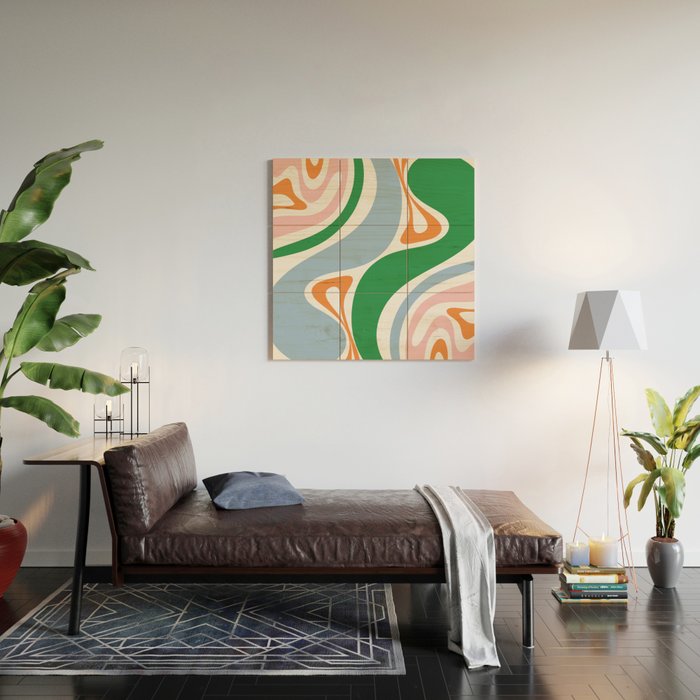 Retro Abstract New Groove Trippy Boho Pattern Green Baby Blue Orange Pink White Wood Wall Art Gallery Image 2