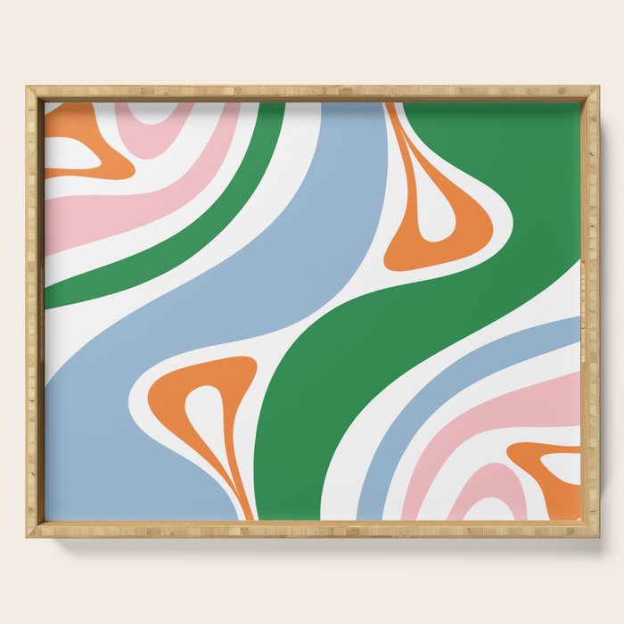Retro Abstract New Groove Trippy Boho Pattern Green Baby Blue Orange Pink White Serving Tray Gallery Image 1