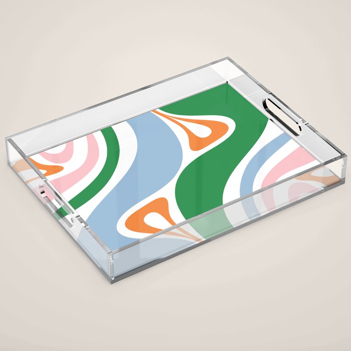 Retro Abstract New Groove Trippy Boho Pattern Green Baby Blue Orange Pink White Acrylic Tray Gallery Image 1