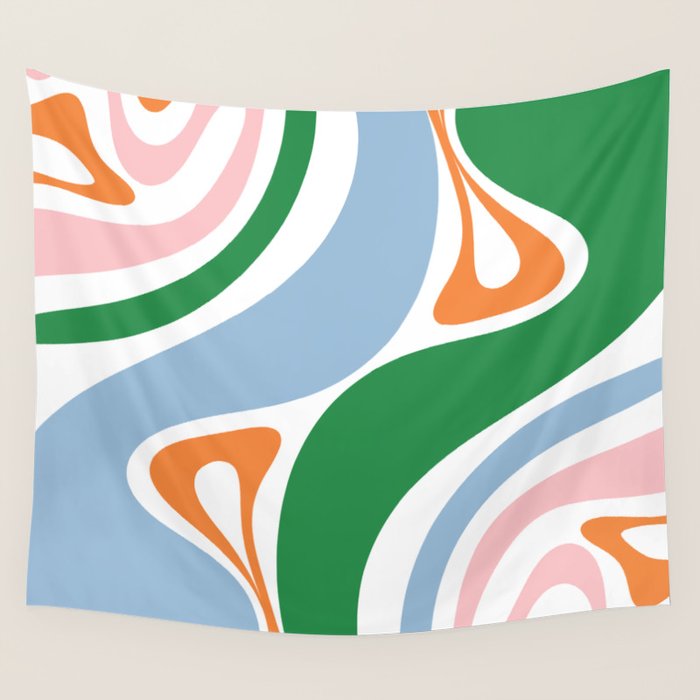 Retro Abstract New Groove Trippy Boho Pattern Green Baby Blue Orange Pink White Wall Tapestry Gallery Image 4