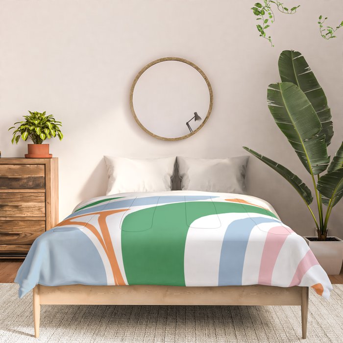 Retro Abstract New Groove Trippy Boho Pattern Green Baby Blue Orange Pink White Comforter Gallery Image 3