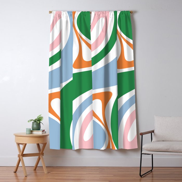 Retro Abstract New Groove Trippy Boho Pattern Green Baby Blue Orange Pink White Window Curtain Gallery Image 1
