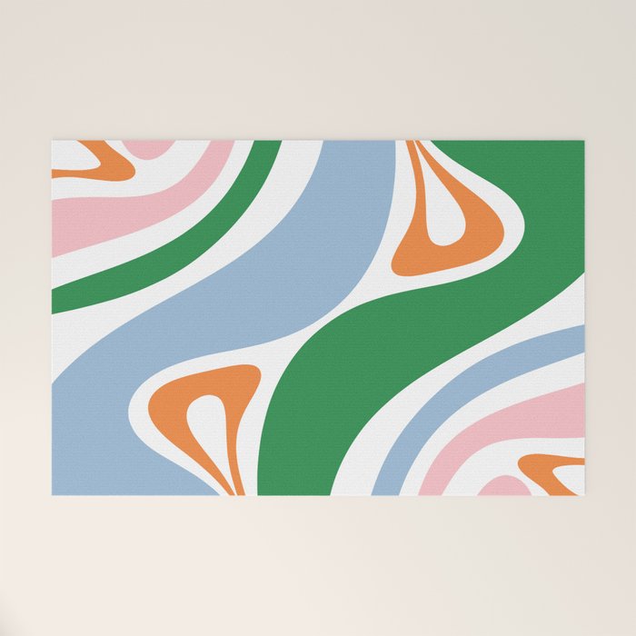 Retro Abstract New Groove Trippy Boho Pattern Green Baby Blue Orange Pink White Welcome Mat Gallery Image 1