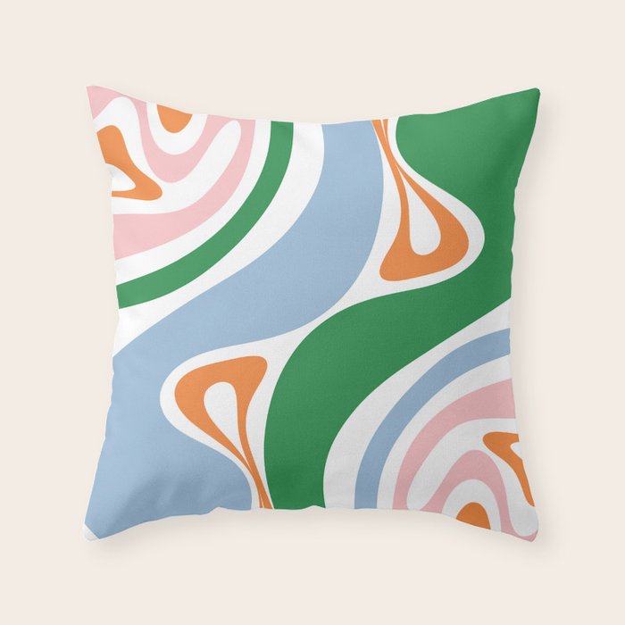 Retro Abstract New Groove Trippy Boho Pattern Green Baby Blue Orange Pink White Throw Pillow Gallery Image 6