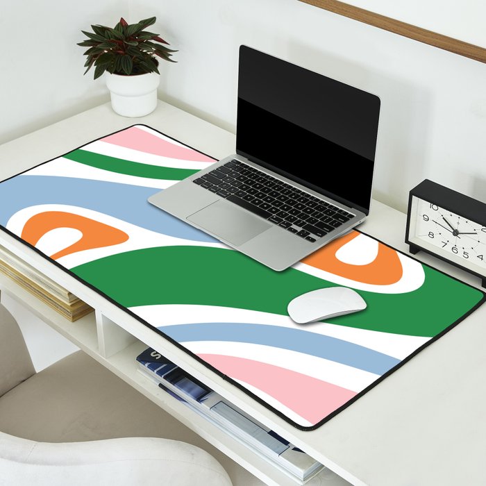 Retro Abstract New Groove Trippy Boho Pattern Green Baby Blue Orange Pink White Desk Mat Gallery Image 2