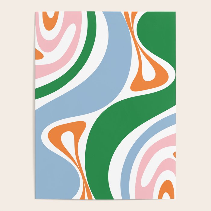 Retro Abstract New Groove Trippy Boho Pattern Green Baby Blue Orange Pink White Poster Gallery Image 1
