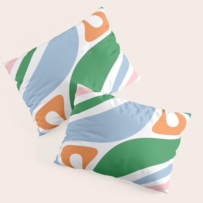 Retro Abstract New Groove Trippy Boho Pattern Green Baby Blue Orange Pink White Pillow Sham Gallery Image 1