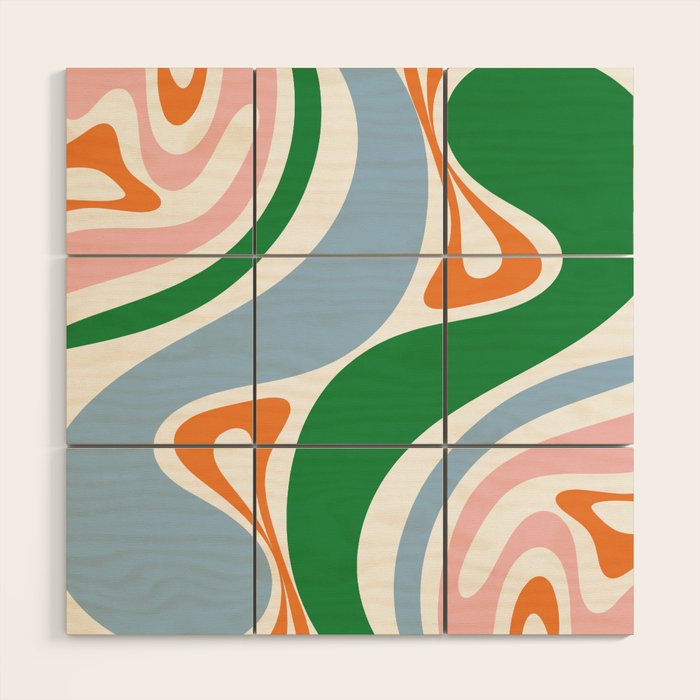 Retro Abstract New Groove Trippy Boho Pattern Green Baby Blue Orange Pink White Wood Wall Art Gallery Image 1