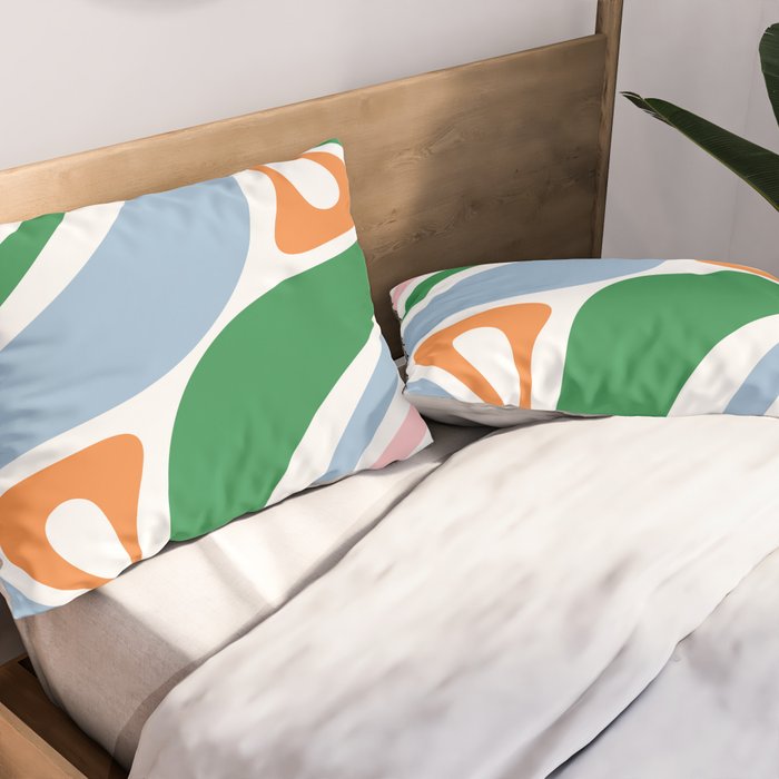 Retro Abstract New Groove Trippy Boho Pattern Green Baby Blue Orange Pink White Pillow Sham Gallery Image 2