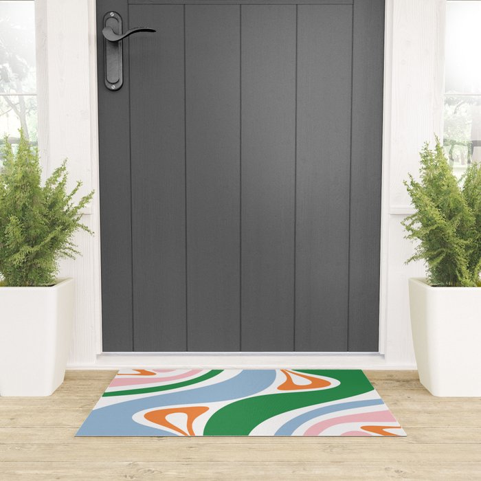 Retro Abstract New Groove Trippy Boho Pattern Green Baby Blue Orange Pink White Welcome Mat Gallery Image 3