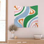 Retro Abstract New Groove Trippy Boho Pattern Green Baby Blue Orange Pink White Wall Tapestry Gallery Image 2