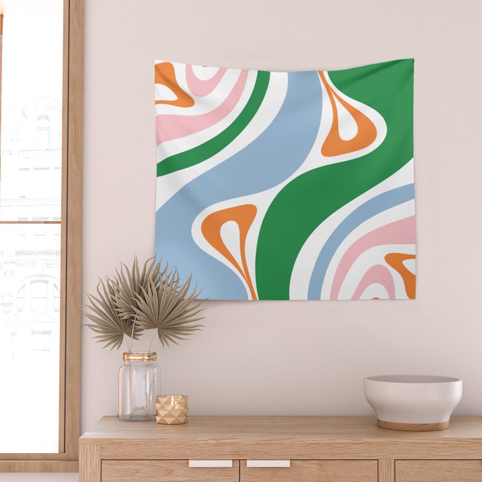 Retro Abstract New Groove Trippy Boho Pattern Green Baby Blue Orange Pink White Wall Tapestry Gallery Image 2