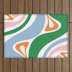 Retro Abstract New Groove Trippy Boho Pattern Green Baby Blue Orange Pink White Outdoor Rug Gallery Image 1