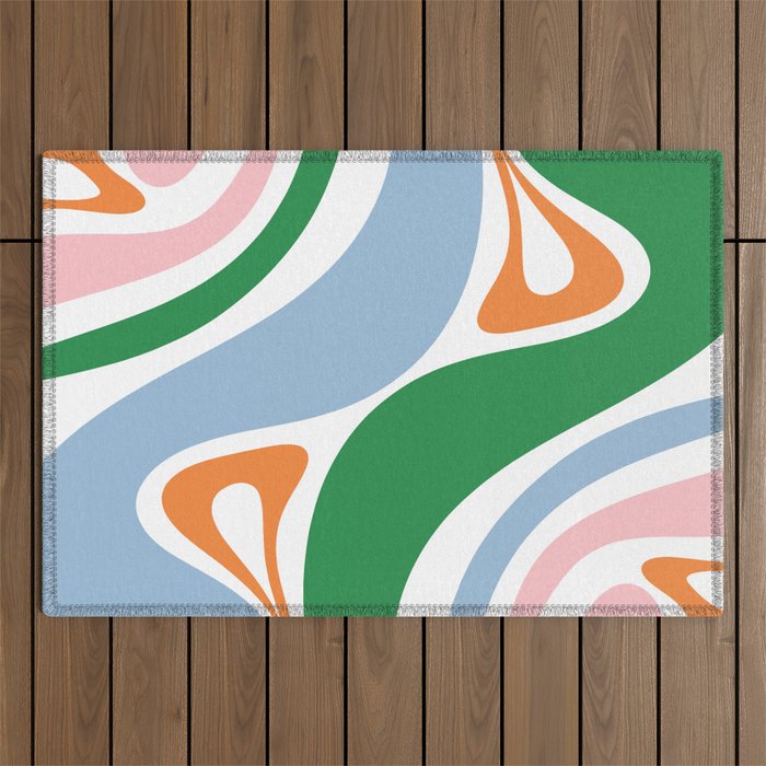 Retro Abstract New Groove Trippy Boho Pattern Green Baby Blue Orange Pink White Outdoor Rug Gallery Image 1