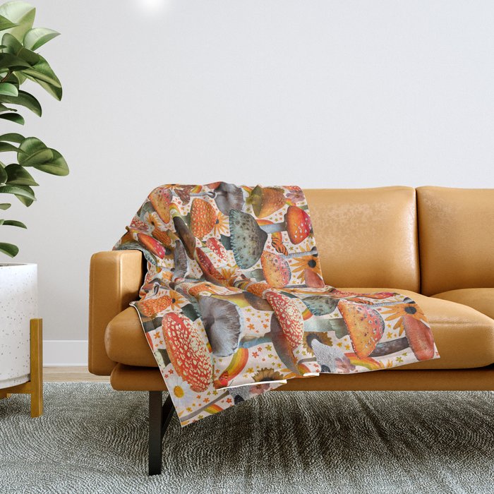 Mushroom Collage Print in Cream Throw Blanket Gallery Image 1