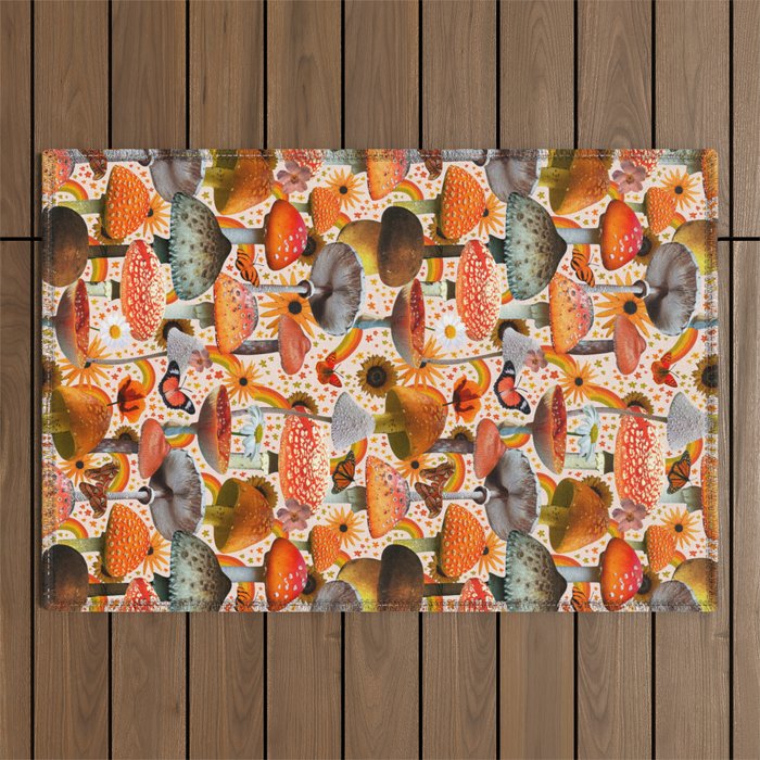 Mushroom Collage Print in Cream Outdoor Rug Gallery Image 1